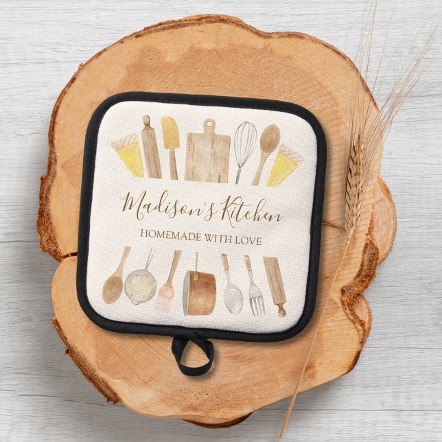 Personalized Watercolor Kitchen Cooking Utensils  Pot Holder (Close up)