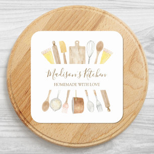 Personalized Watercolor Kitchen Cooking Utensils Square Sticker