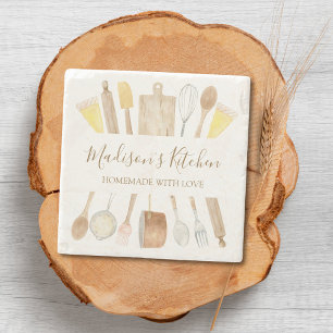 Personalized Watercolor Kitchen Cooking Utensils Stone Coaster