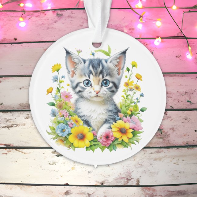 Personalized Watercolor Kitten Flowers Christmas Ornament (Creator Uploaded)