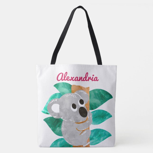 Personalized Watercolor Koala Bear Animal Girls Tote Bag (Front)