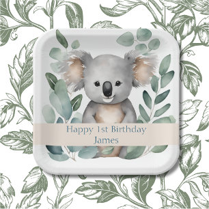 Personalized Watercolor Koala Bear Birthday  Paper Plate