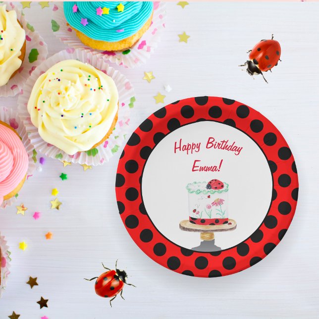 Personalized Watercolor Ladybug Cake Birthday Paper Plate (Creator Uploaded)