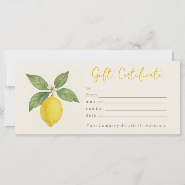 Personalized Watercolor Lemon Gift Certificate (Front)