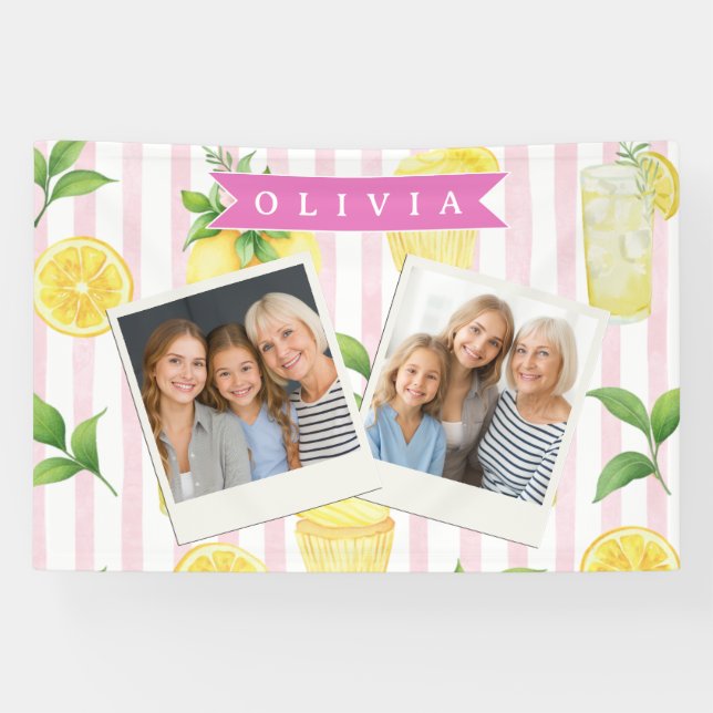 Personalized Watercolor Lemonade Cupcake Stripe Banner (Horizontal)