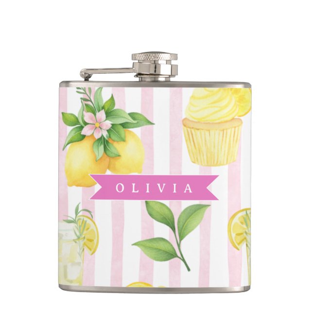 Personalized Watercolor Lemonade Cupcake Stripe Hip Flask (Front)