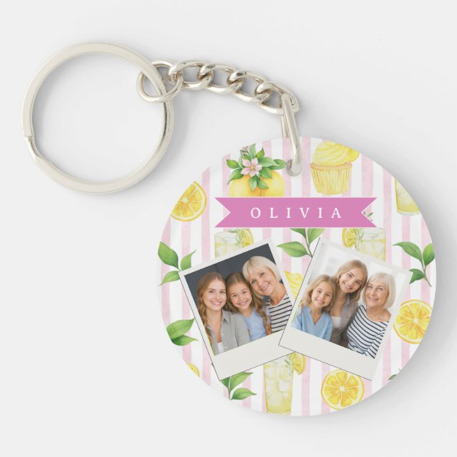 Personalized Watercolor Lemonade Cupcake Stripe Keychain (Front)