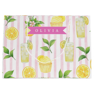 Personalized Watercolor Lemonade Cupcake Stripe Large Gift Bag