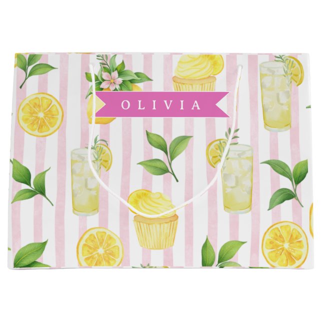 Personalized Watercolor Lemonade Cupcake Stripe Large Gift Bag (Front)