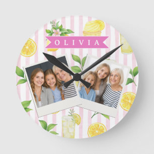 Personalized Watercolor Lemonade Cupcake Stripe Round Clock