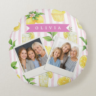 Personalized Watercolor Lemonade Cupcake Stripe Round Pillow