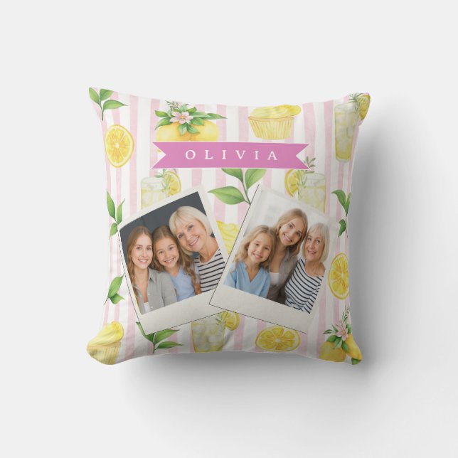 Personalized Watercolor Lemonade Cupcake Stripe Throw Pillow (Front)