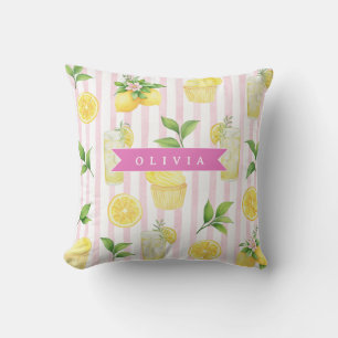 Personalized Watercolor Lemonade Cupcake Stripe Throw Pillow