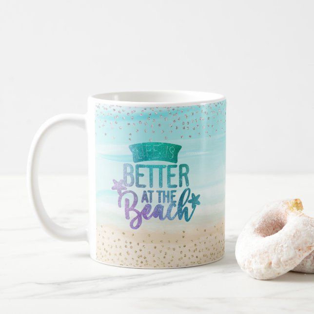 Personalized Watercolor Life Is Better Beach Coffee Mug (With Donut)
