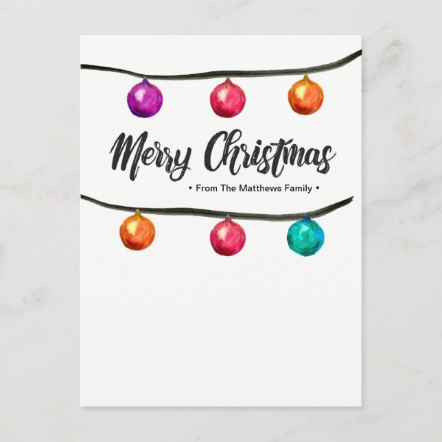 Personalized, Watercolor, Merry Christmas, Balls Holiday Postcard (Front)