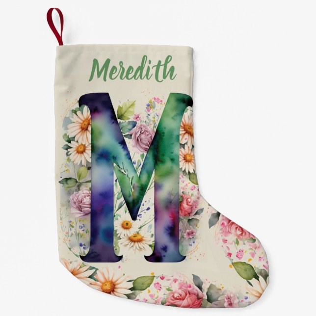 Personalized Watercolor Monogram Floral Bouquet Small Christmas Stocking (Front)