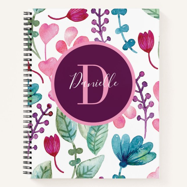 Personalized Watercolor Monogram Script Name Notebook (Front)