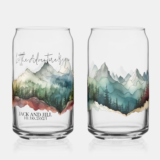 Personalized watercolor mountain beer can glass (Front)