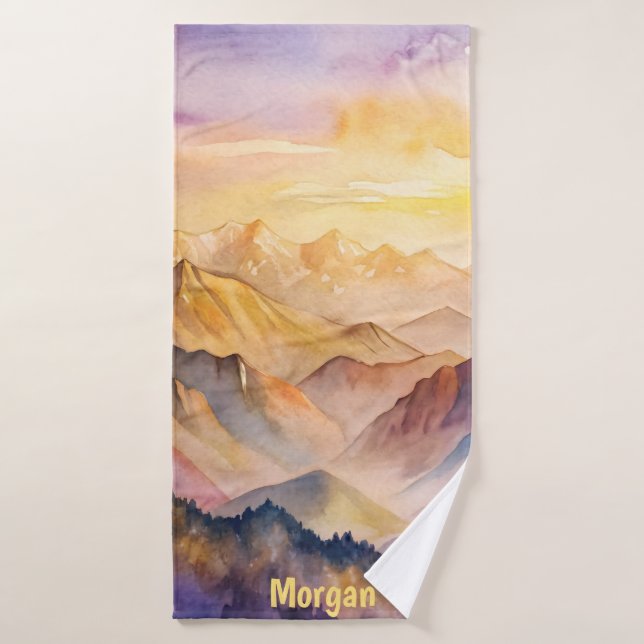 Personalized Watercolor Mountain Sunset Bath Towel Set (Bath Towel)
