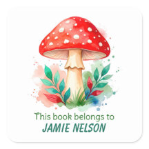Personalized Watercolor Mushroom Book Label