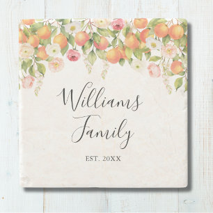 Personalized Watercolor Orange Elegant Family Name Stone Coaster