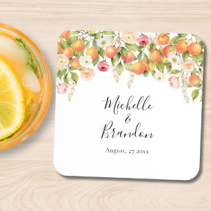 Personalized Watercolor Orange Elegant Wedding Coaster