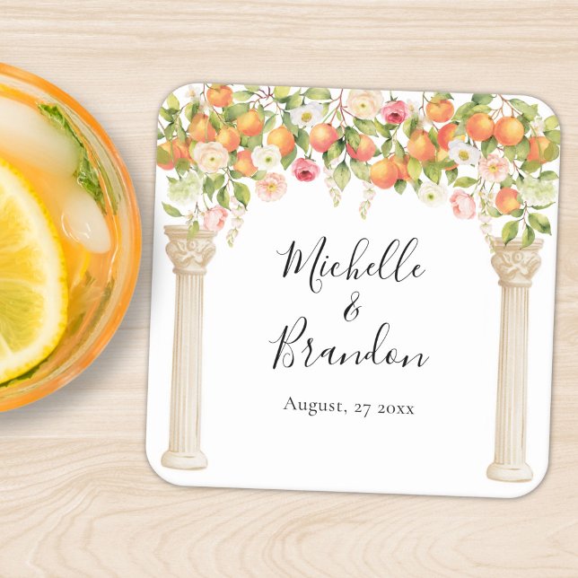 Personalized Watercolor Orange Elegant Wedding Square Paper Coaster (Creator Uploaded)