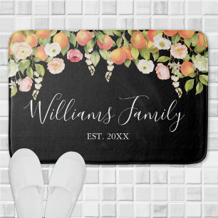 Personalized Watercolor Orange Floral Elegant Bath Mat