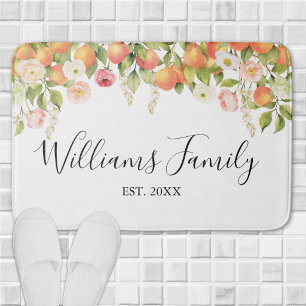 Personalized Watercolor Orange Floral Elegant Bath Mat