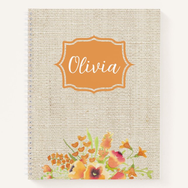 Personalized Watercolor Orange Flowers On Burlap Notebook (Front)