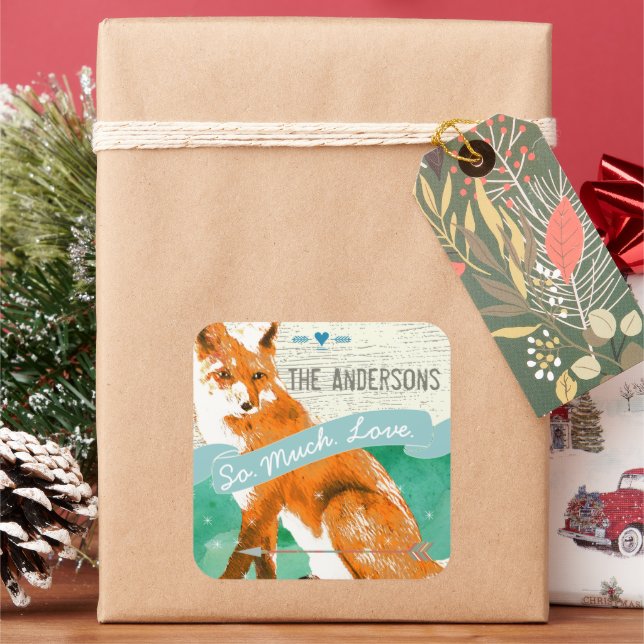 Personalized Watercolor Orange Fox Barn Wood Square Sticker (Holiday)