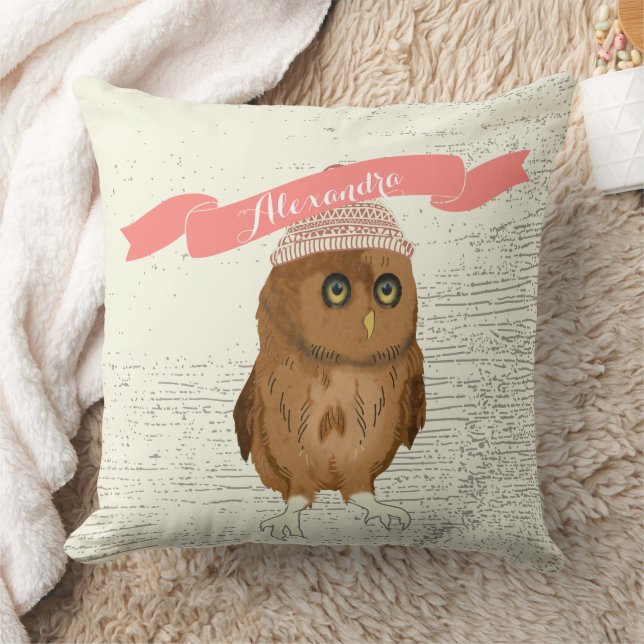 Personalized Watercolor Owl Apricot Banner Throw Pillow (Blanket)