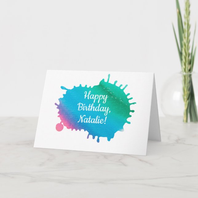 Personalized Watercolor Paint Splash Birthday Card (Front)