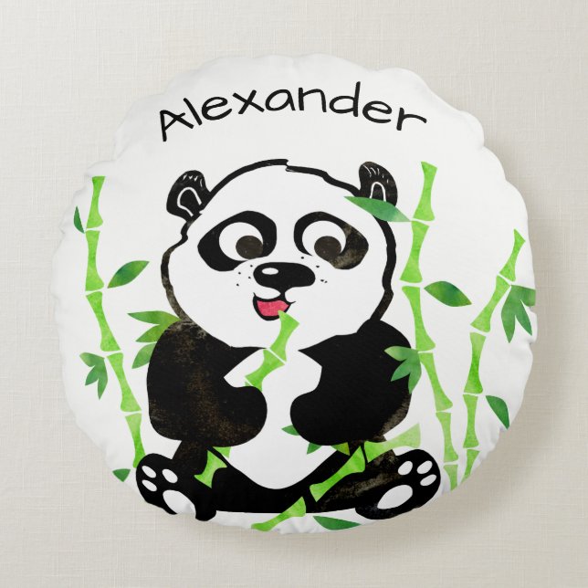 Personalized Watercolor Panda Bear Animal Kids Round Pillow (Front)