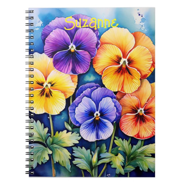 Personalized watercolor pansies notebook (Front)