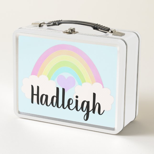 Personalized Watercolor Pastel Rainbow Gingham Metal Lunch Box (Front)