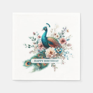 Personalized Watercolor Peacock Birthday Napkin
