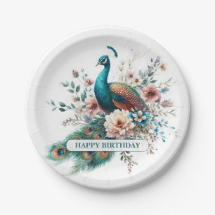 Personalized Watercolor Peacock Birthday Paper Plate
