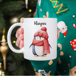 Personalized Watercolor Penguin Christmas Mug
