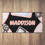Personalized Watercolor Pink Gaming Desk Mat<br><div class="desc">Introducing our latest must-have kids gaming accessory - the pink themed custom Desk Top Mat! Designed has a black background, with watercolor pink controllers, consoles and is personalized with their name in a fun bubble font. This mat features anti-slip backing to prevent slipping and sliding whilst also protecting surfaces. provides...</div>
