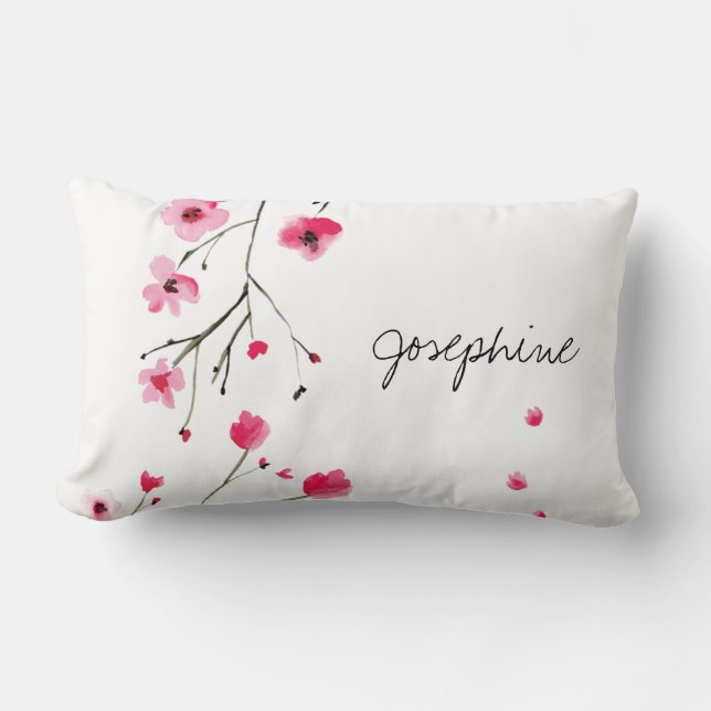 Personalized Watercolor Pink red Cherry Blossoms Lumbar Pillow (Front)
