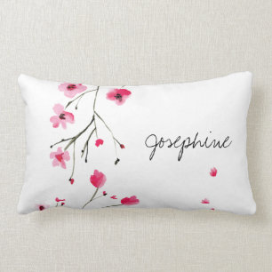 Personalized Watercolor Pink red Cherry Blossoms Lumbar Pillow