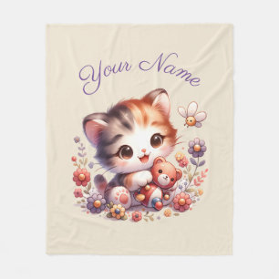 Personalized Watercolor Playing Kitten Name Fleece Blanket