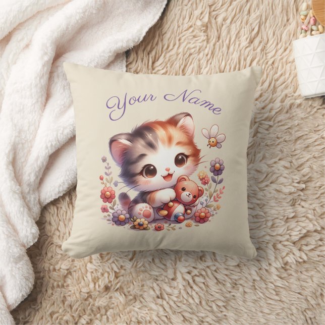 Personalized Watercolor Playing Kitten Name Throw Pillow (Blanket)