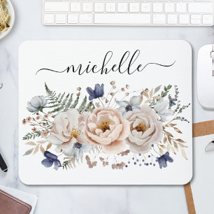 Personalized Watercolor Pretty Beige Blue Floral  Mouse Pad