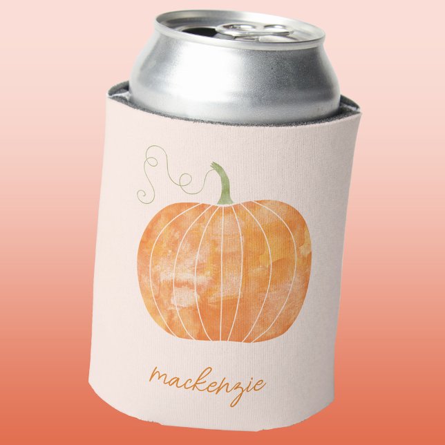 Personalized Watercolor Pumpkin Autumn Fall Can Cooler (Fun watercolor pumpkin personalized custom script name autumn fall can cooler)