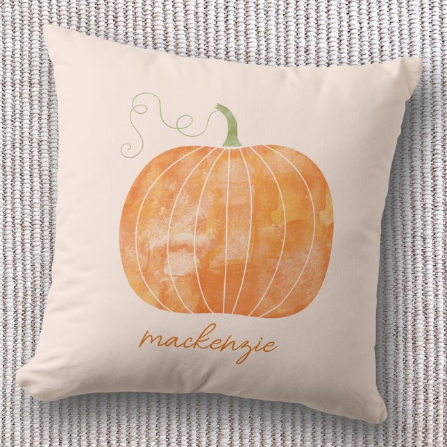 Personalized Watercolor Pumpkin Autumn Fall Throw Pillow (Watercolor pumpkin personalized custom script name autumn fall decor cozy throw pillow)
