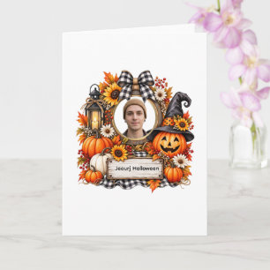 Personalized Watercolor Pumpkin Halloween Photo Na Card
