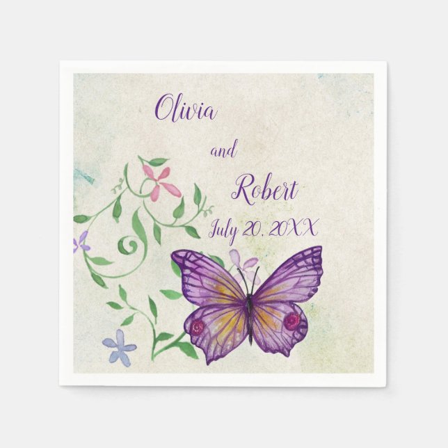 Personalized watercolor purple butterfly napkin (Front)