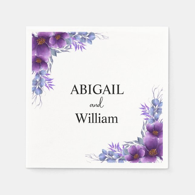 Personalized Watercolor Purple Flower Wedding Napkin (Front)